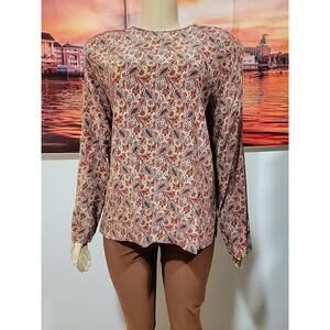 Nora Noh Womens Vintage Paisley Silk Blouse Size 14 Beige Red #C